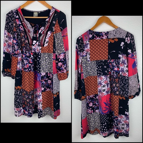 Anthro One September Embroidered Patchwork Lace-Up Front Babydoll Tunic Dress - Picture 4 of 9